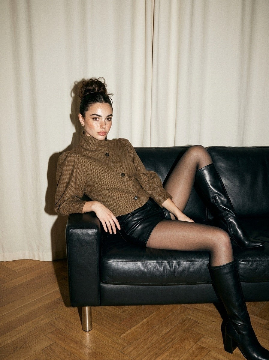 Three Quarter Sleeve Mock Neck Plaid Crop Jacket