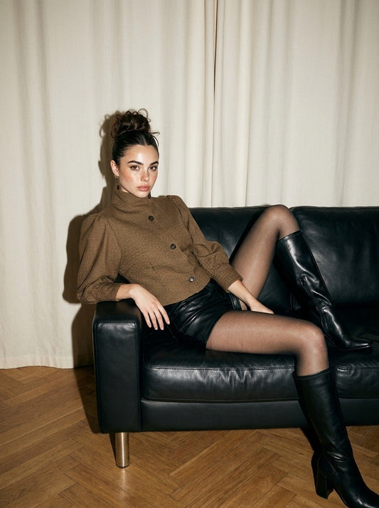 Three Quarter Sleeve Mock Neck Plaid Crop Jacket